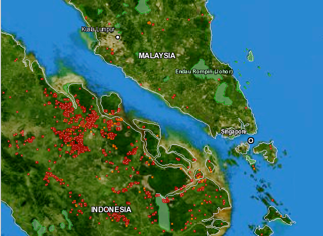 Fire location map of South Malaysia, Singapore and North Sumatra