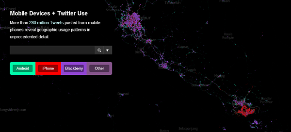 Image showing tweets by device, outline of singapore clearly visible, dominated by the color for iPhone